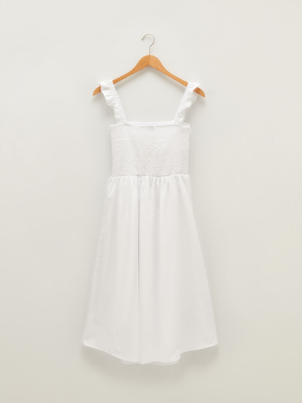 Beyaz Kare Yaka Askılı Fırfır Detaylı Poplin Kadın Elbise-6