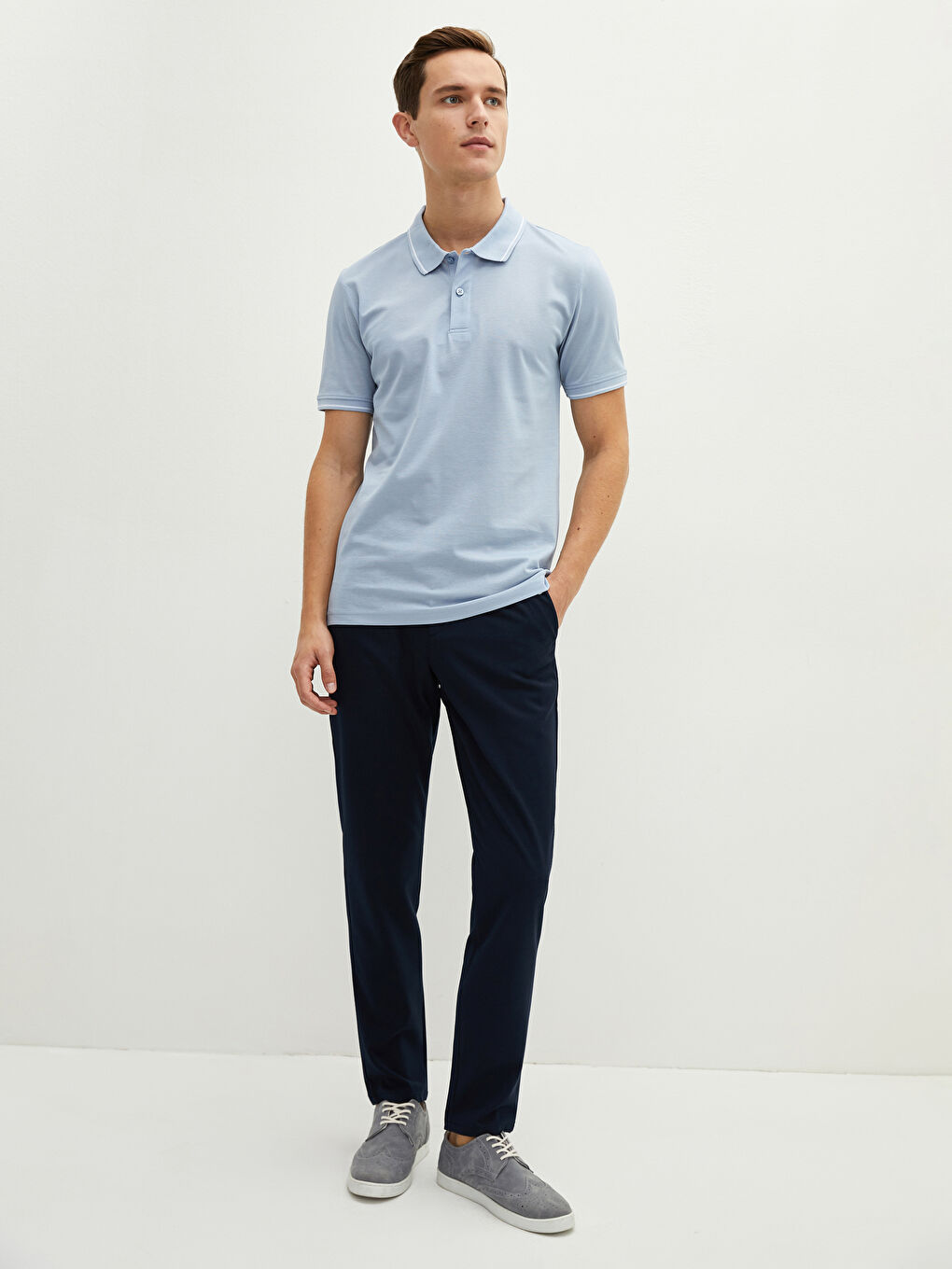 Mavi Polo Yaka Kısa Kollu Pike Erkek Tişört-2