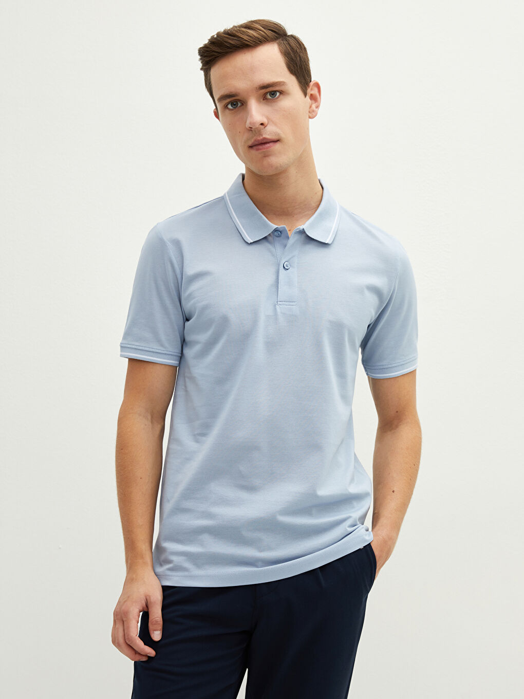Mavi Polo Yaka Kısa Kollu Pike Erkek Tişört-1