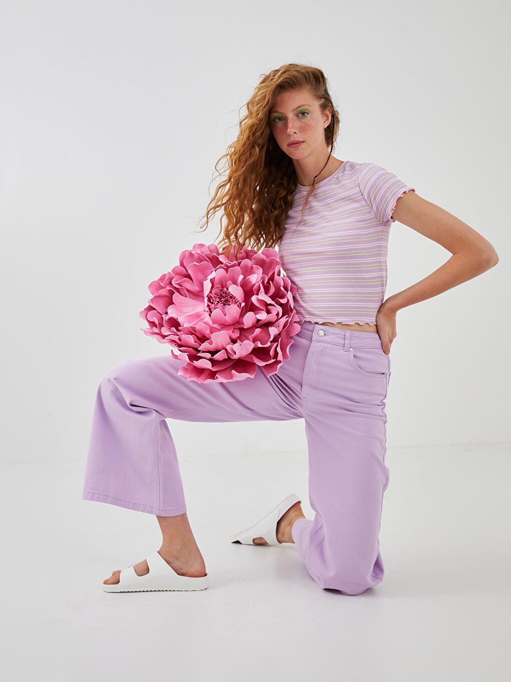 جينز واسع الساق بتفاصيل جيوب للسيدات-5