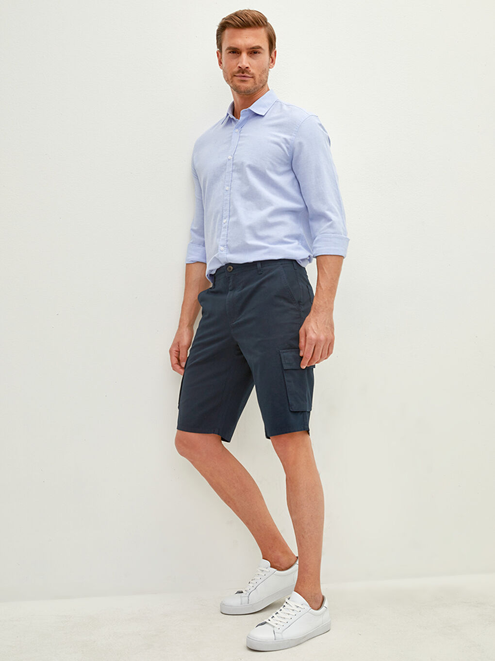 Lacivert Standart Kalıp Gabardin Erkek Kargo Şort-2