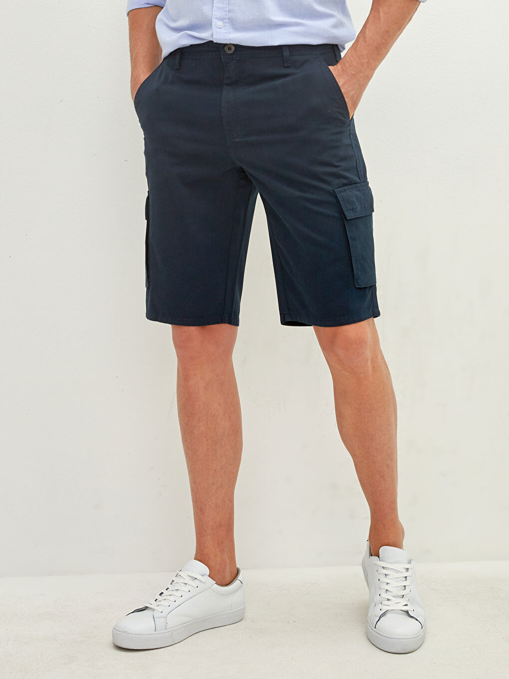 Lacivert Standart Kalıp Gabardin Erkek Kargo Şort-3