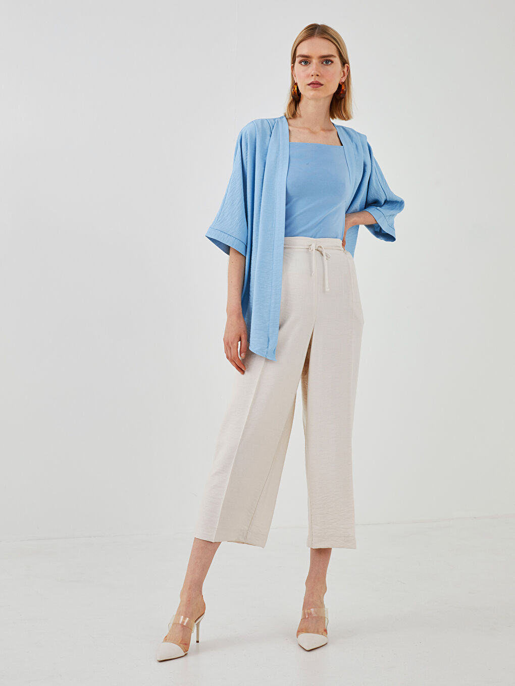 Mavi Kadın Şal Yaka Düz Kimono-3