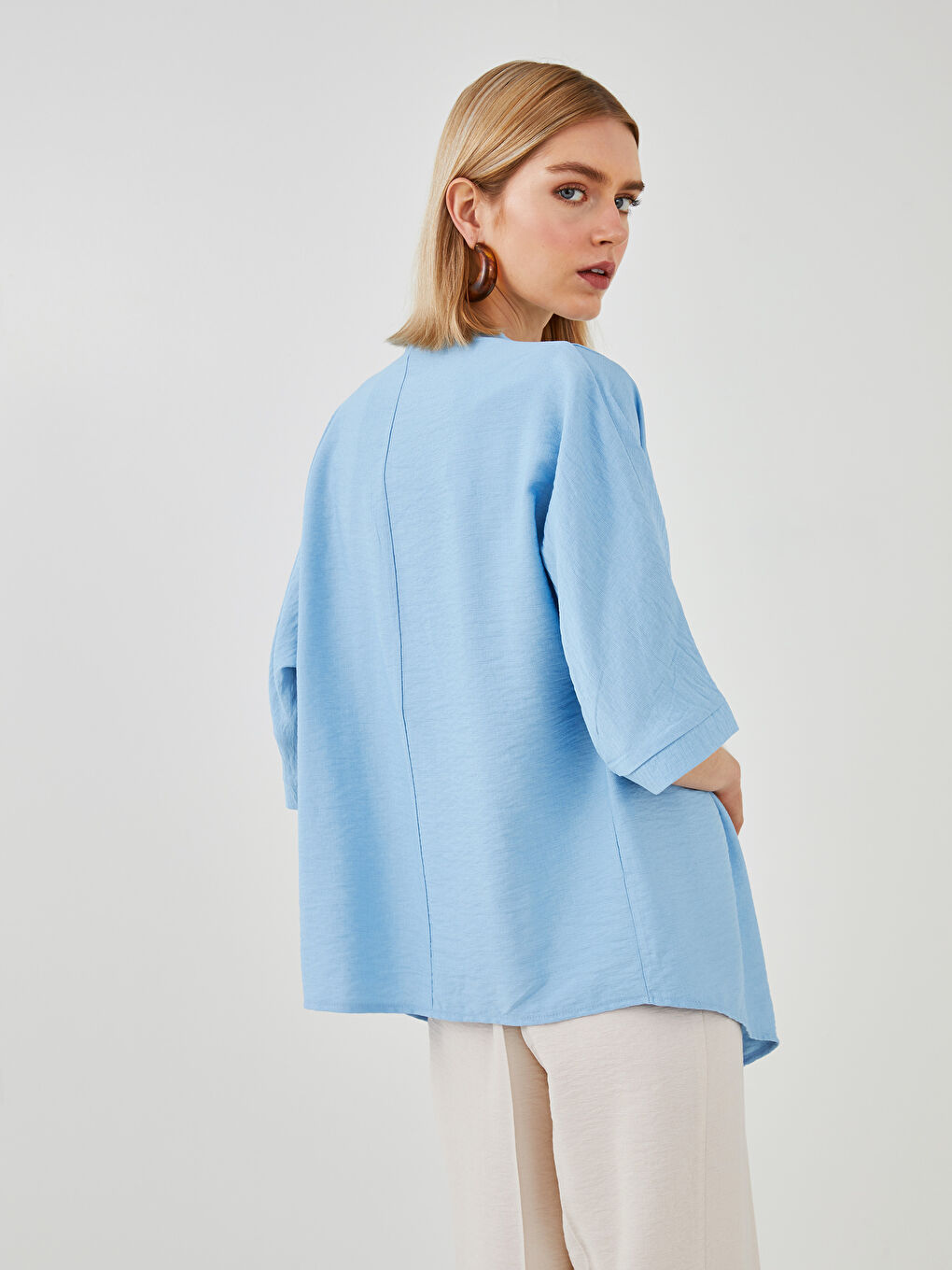 Mavi Kadın Şal Yaka Düz Kimono-4