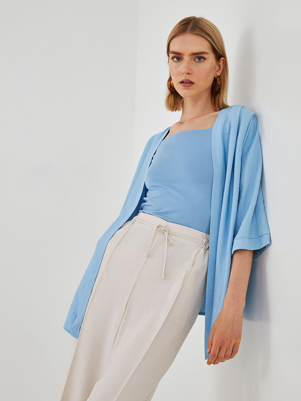 Mavi Kadın Şal Yaka Düz Kimono