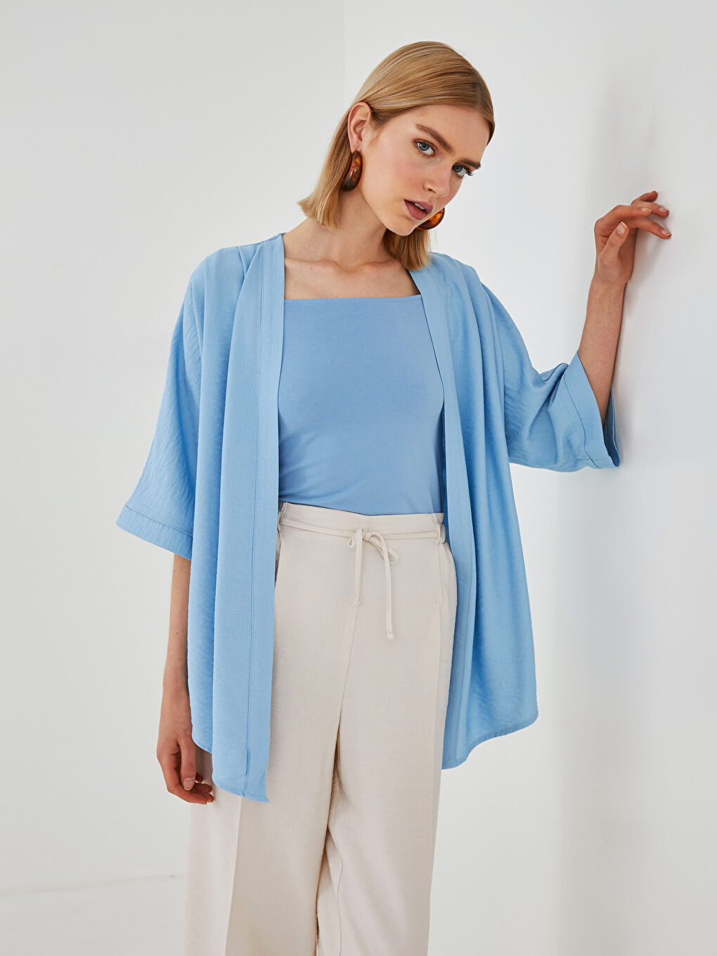 Mavi Kadın Şal Yaka Düz Kimono-1