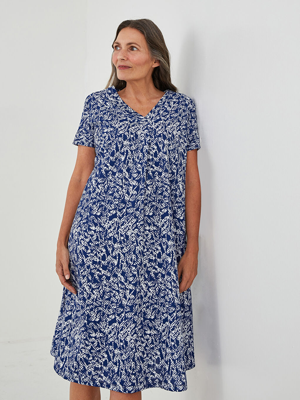 V-Neck Patterned Short Sleeve A-Line Crepe Fabric Women's Dress-2