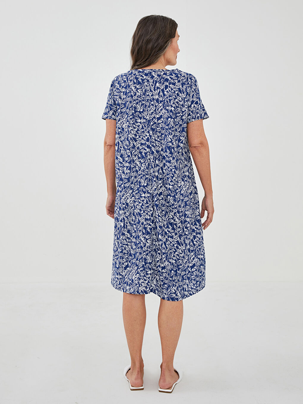 V-Neck Patterned Short Sleeve A-Line Crepe Fabric Women's Dress-4