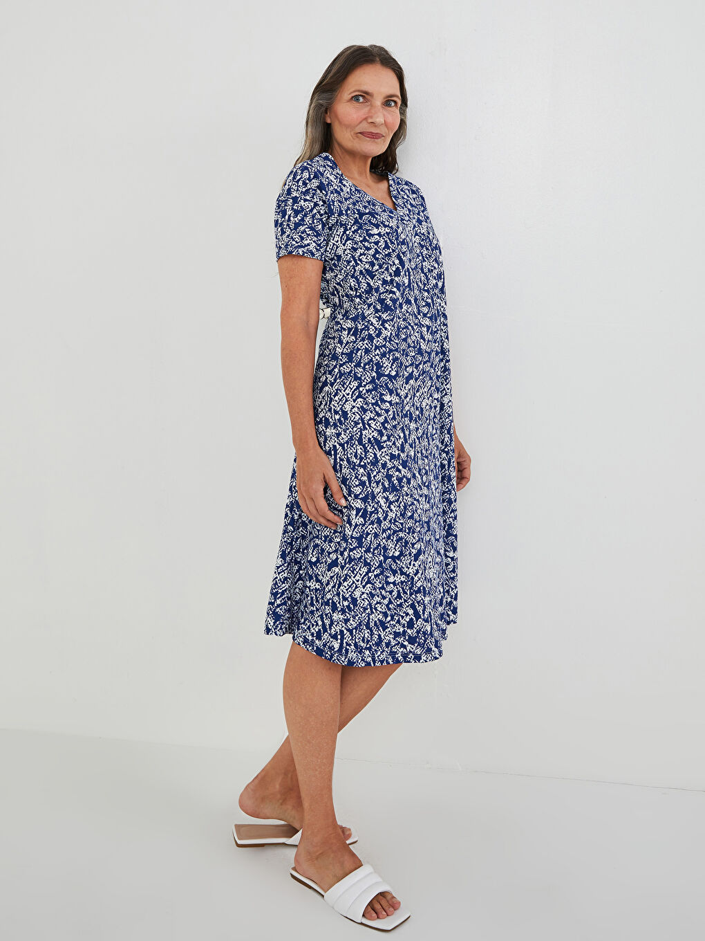 V-Neck Patterned Short Sleeve A-Line Crepe Fabric Women's Dress