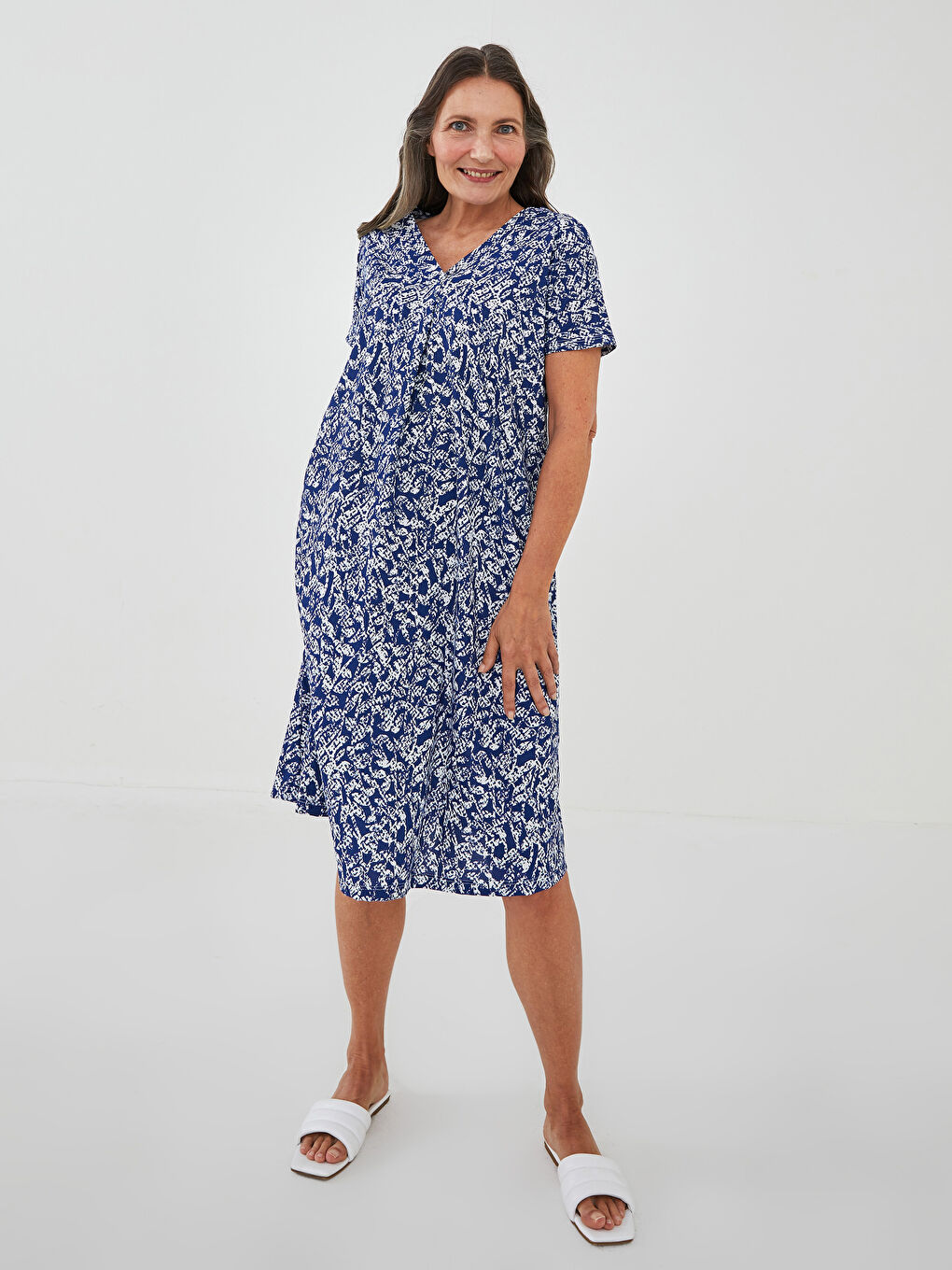 V-Neck Patterned Short Sleeve A-Line Crepe Fabric Women's Dress-1