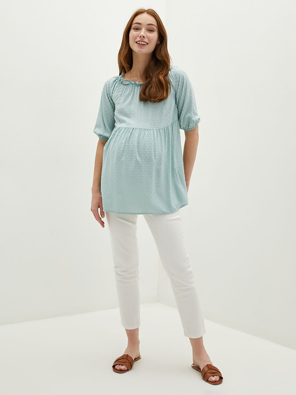 Mavi Fırfırlı Yaka Desenli Kısa Kollu Viskon Hamile Bluz-2