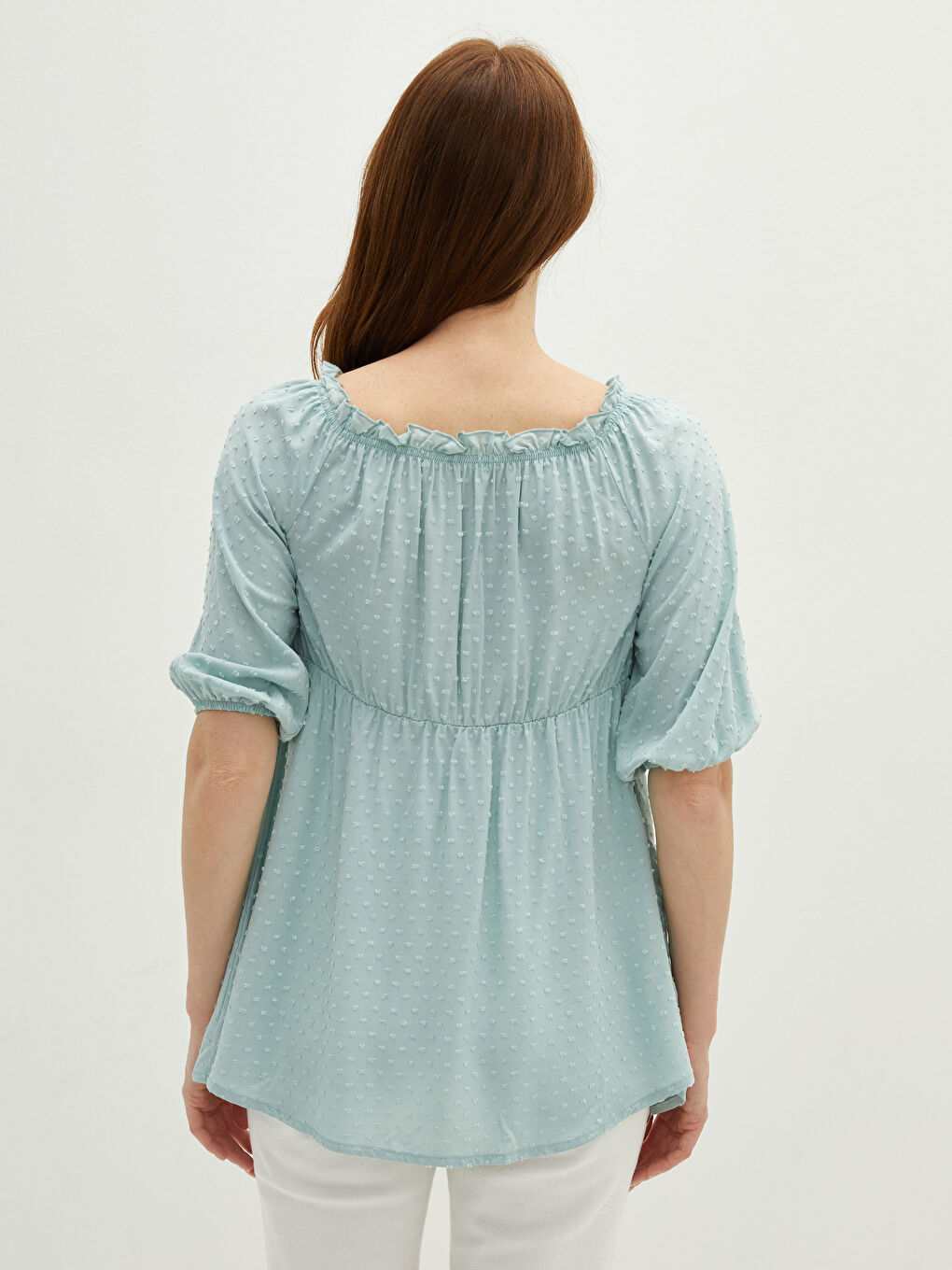 Mavi Fırfırlı Yaka Desenli Kısa Kollu Viskon Hamile Bluz-3