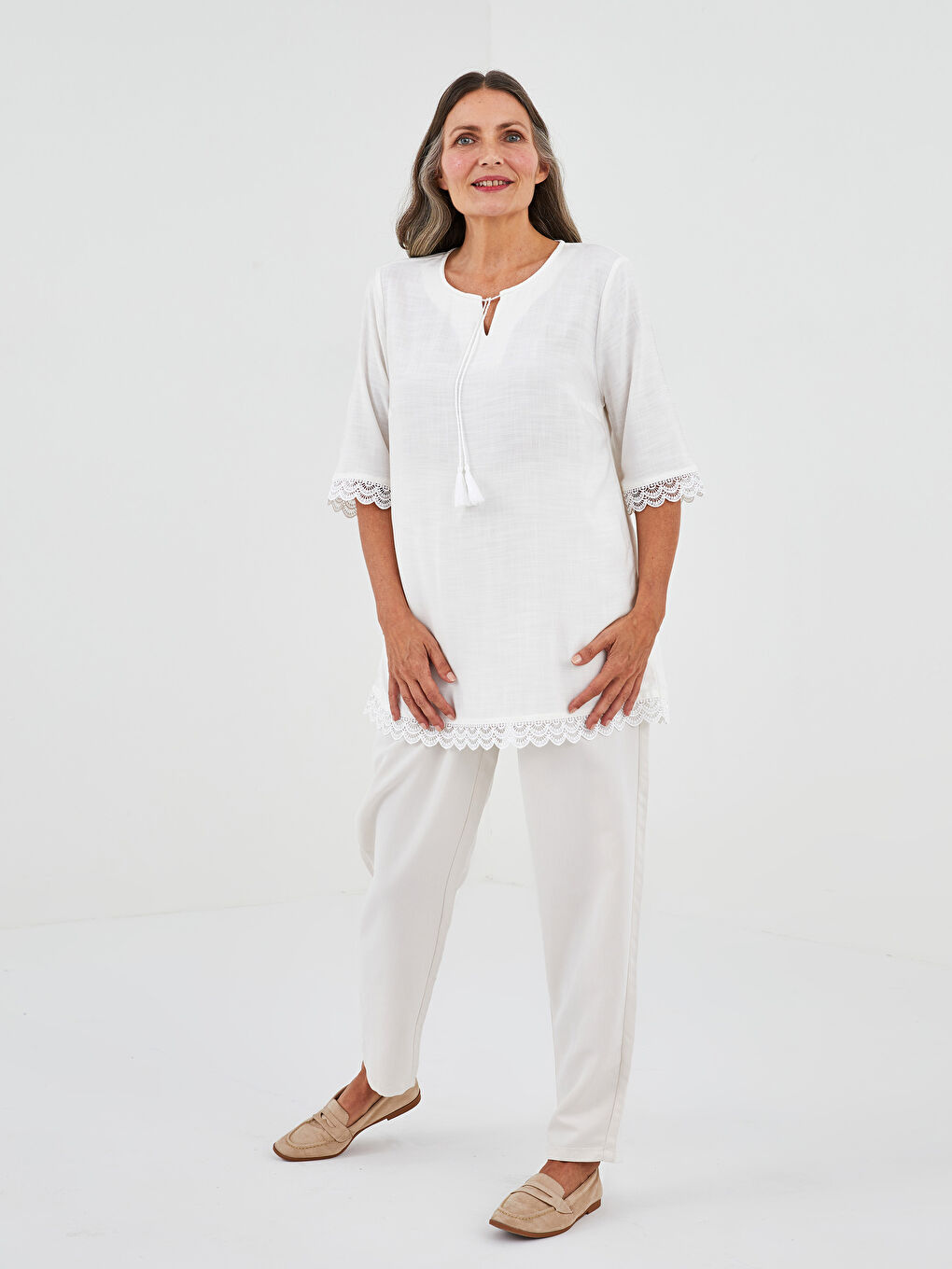 Tie Collar Lace Detailed Short Sleeve Viscose Women's Tunic-3