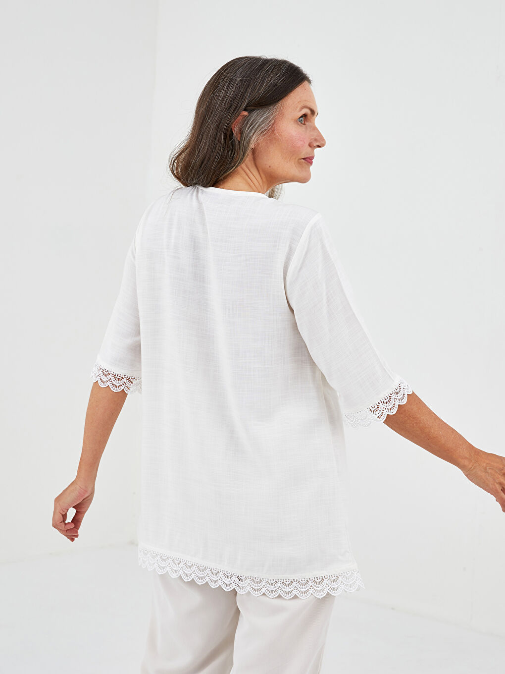 Tie Collar Lace Detailed Short Sleeve Viscose Women's Tunic-4