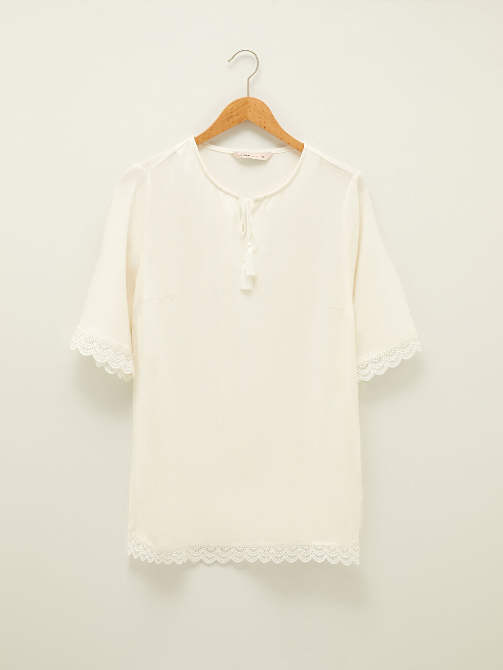 Tie Collar Lace Detailed Short Sleeve Viscose Women's Tunic-5