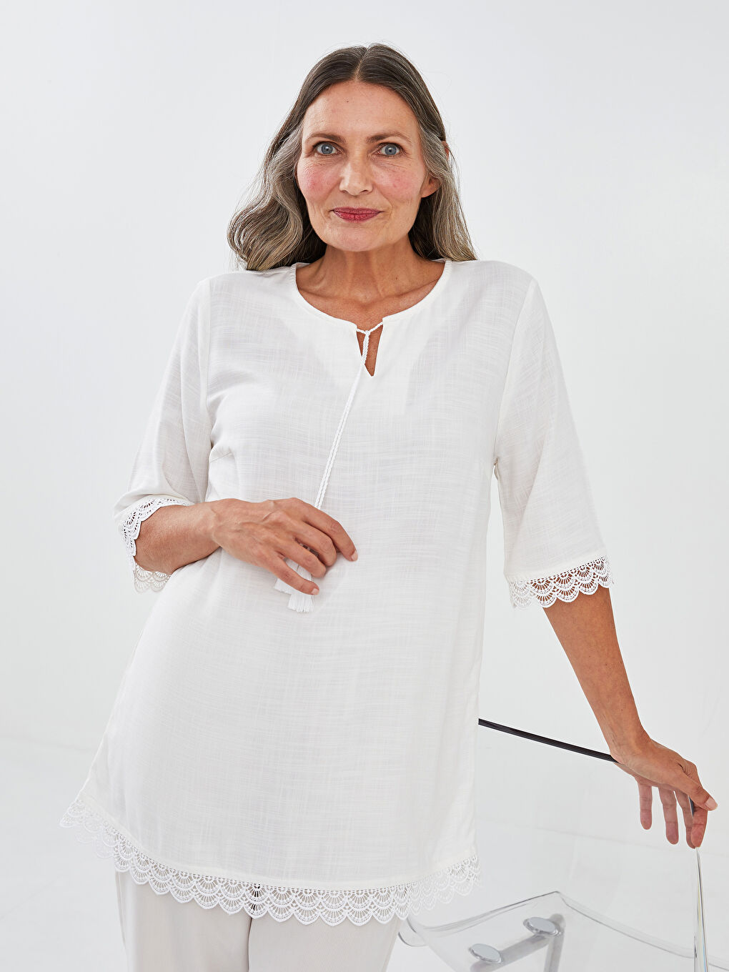 Tie Collar Lace Detailed Short Sleeve Viscose Women's Tunic