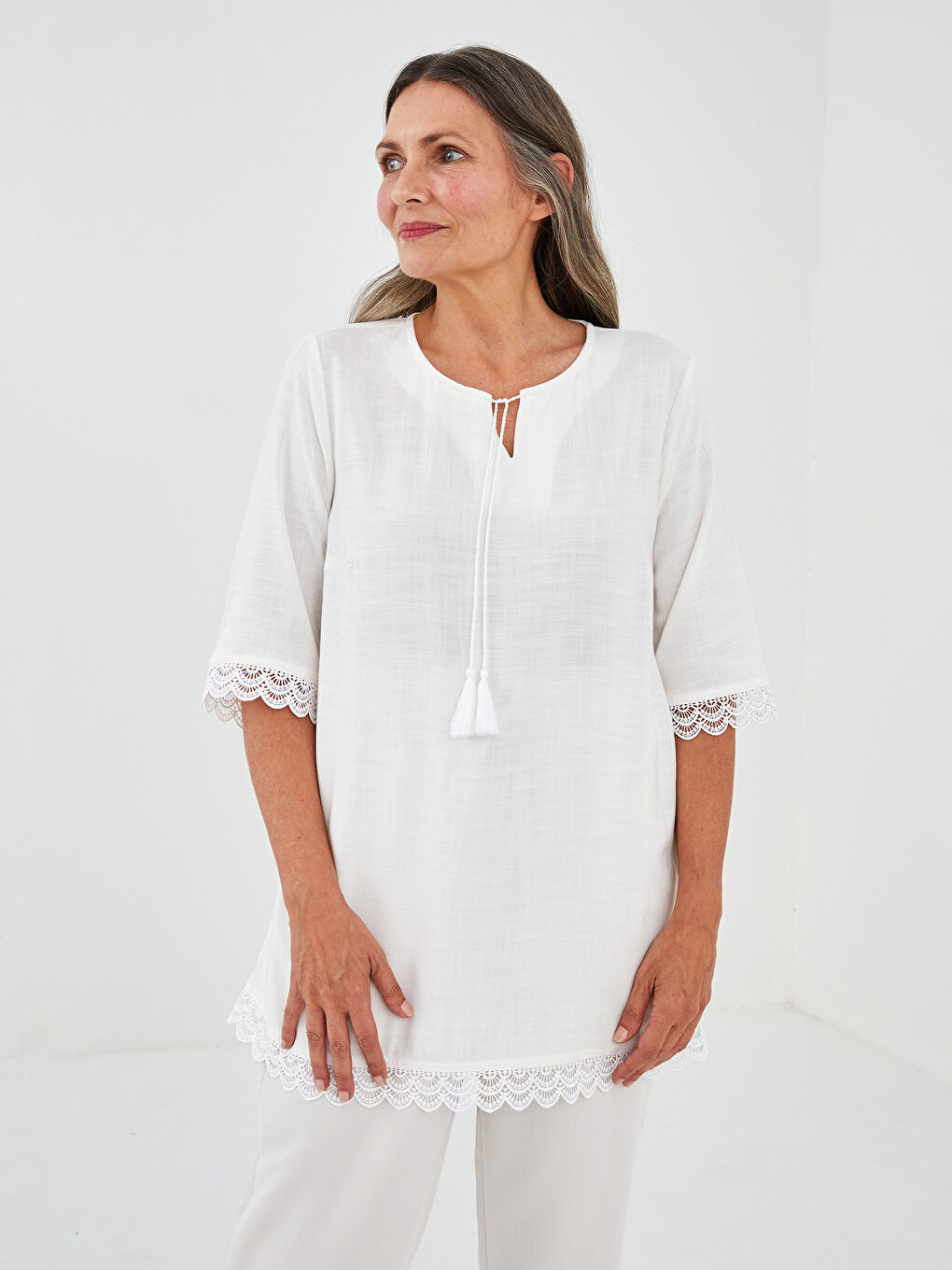 Tie Collar Lace Detailed Short Sleeve Viscose Women's Tunic-1
