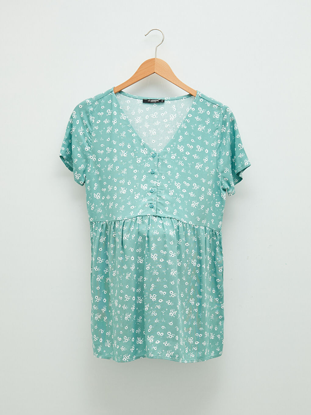 Turkuaz V Yaka Desenli Kısa Kollu Viskon Hamile Bluz-5