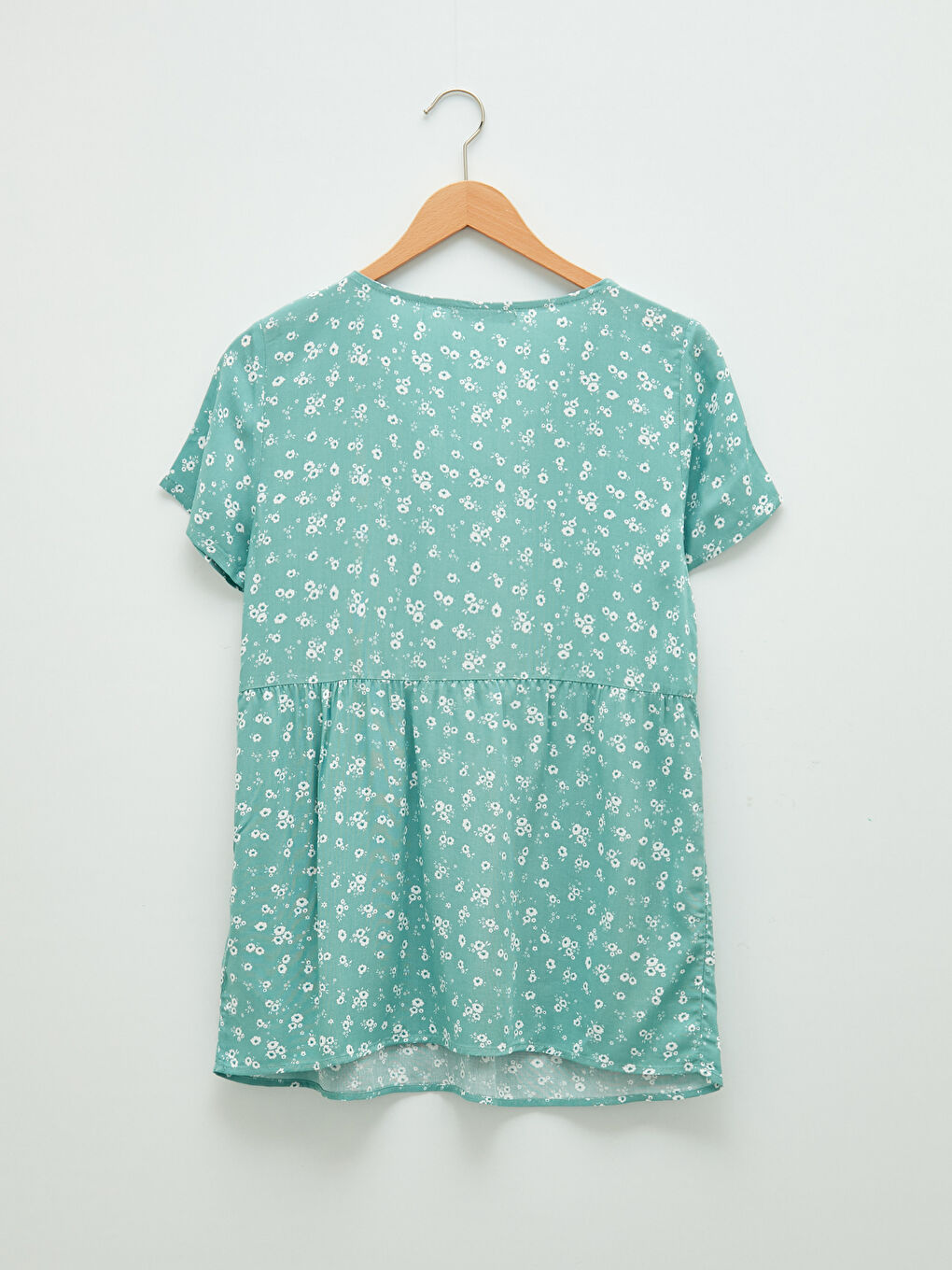 Turkuaz V Yaka Desenli Kısa Kollu Viskon Hamile Bluz-6