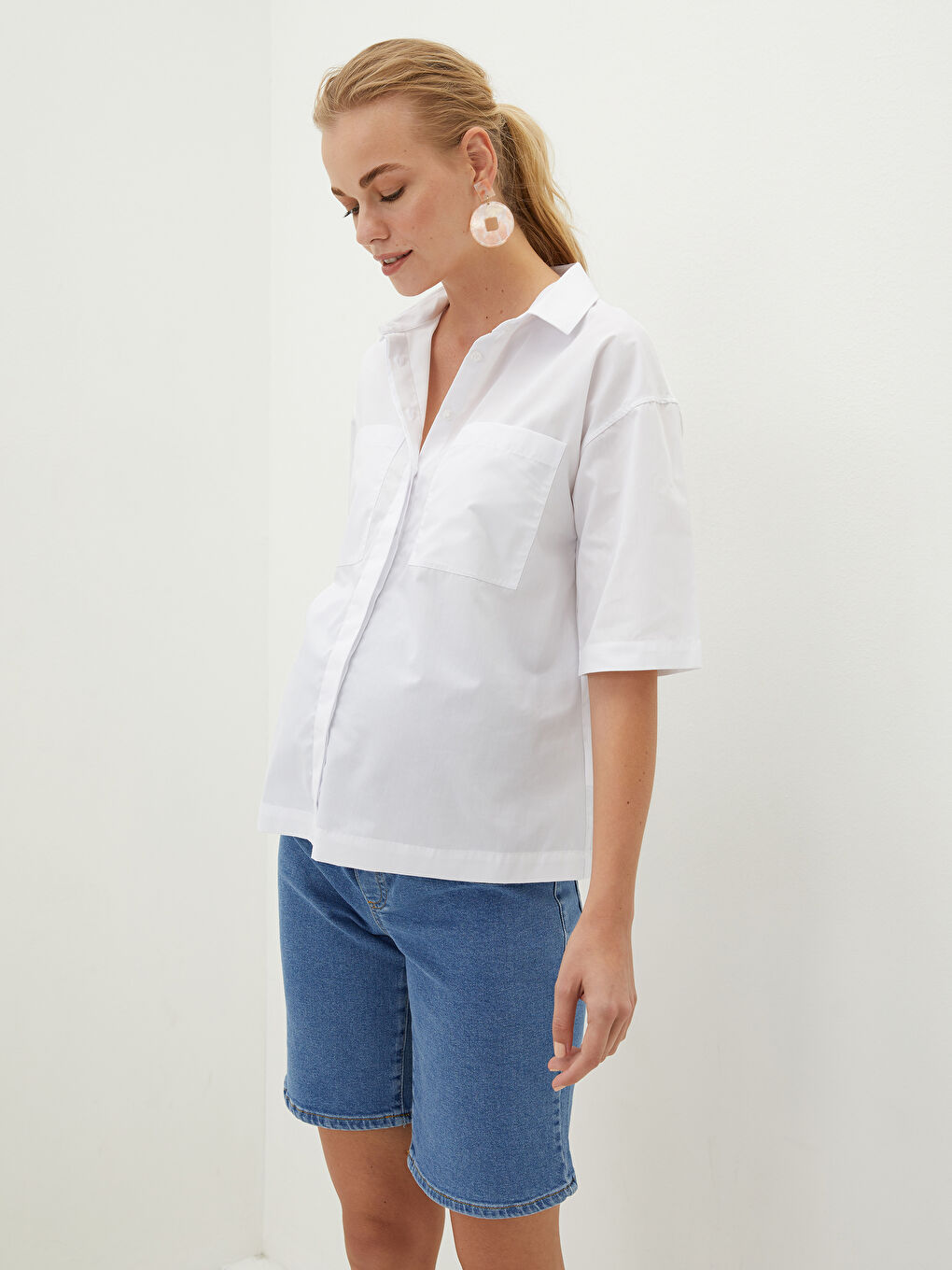 شورت جينز حوامل روديو سادة بجيوب وتصميم مريح للبطن-3