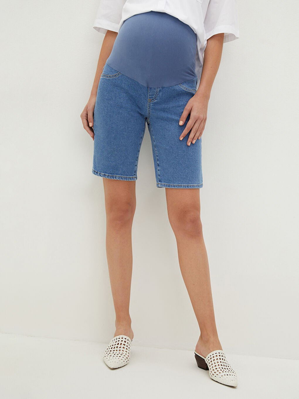 شورت جينز حوامل روديو سادة بجيوب وتصميم مريح للبطن-4