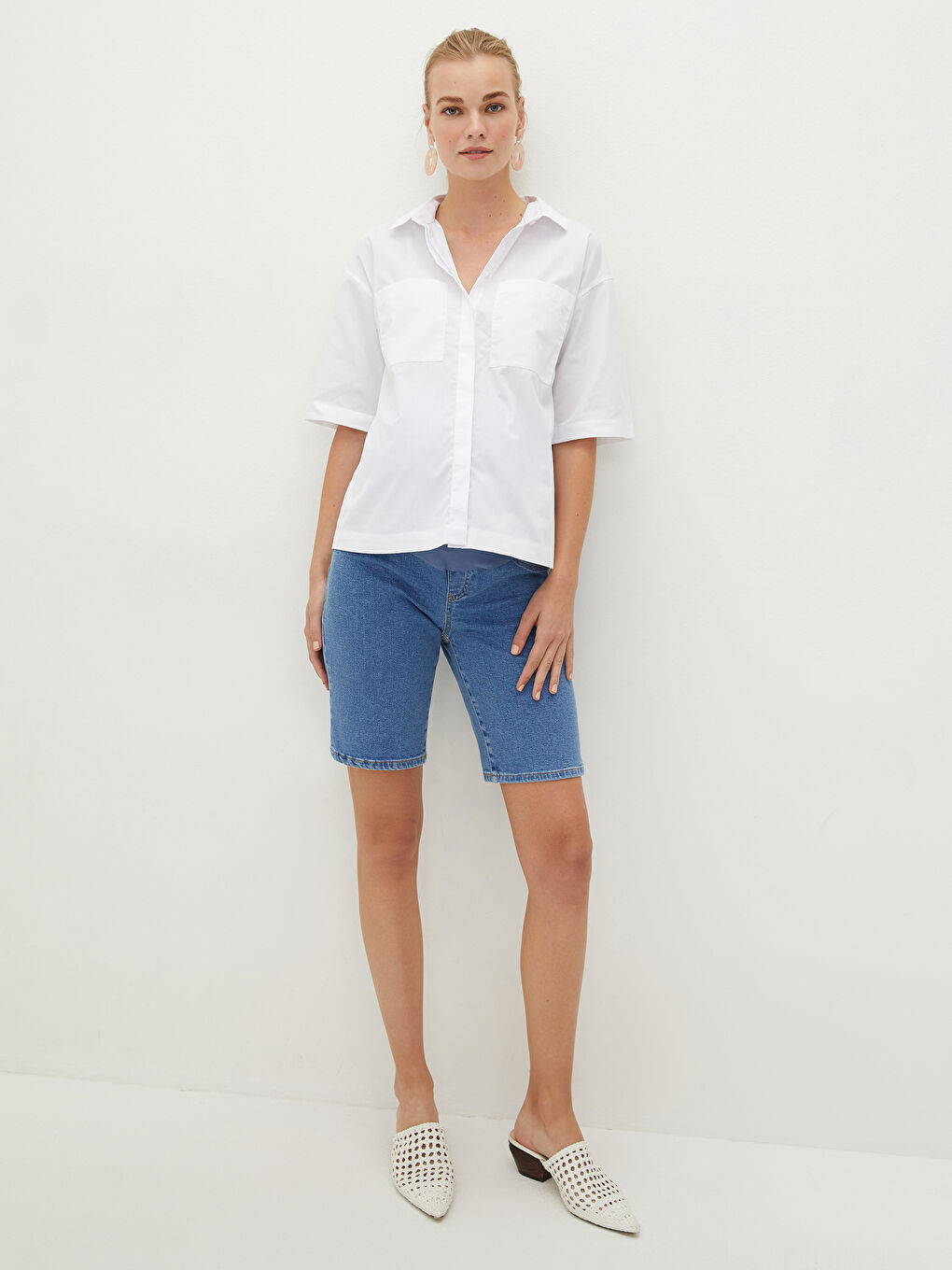 شورت جينز حوامل روديو سادة بجيوب وتصميم مريح للبطن