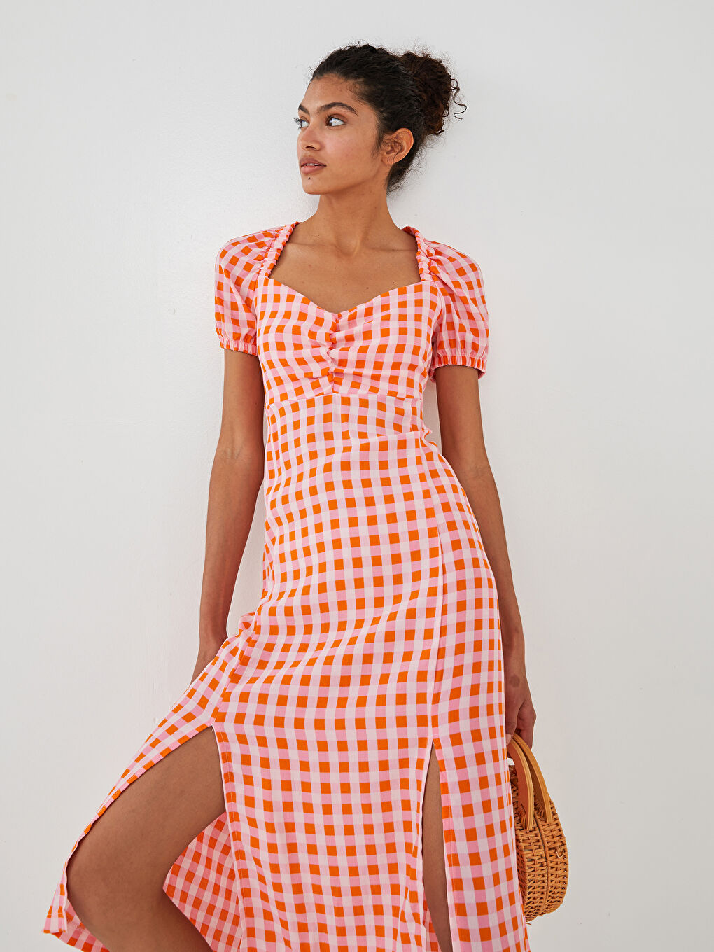 Heart Collar Plaid Short Sleeve A-Line Leatherette Fabric Women's Dress-4