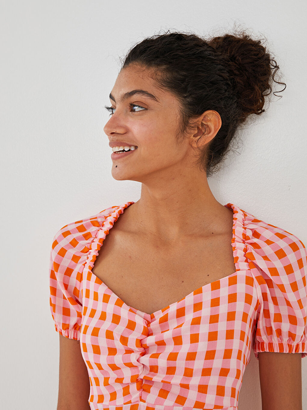 Heart Collar Plaid Short Sleeve A-Line Leatherette Fabric Women's Dress-5