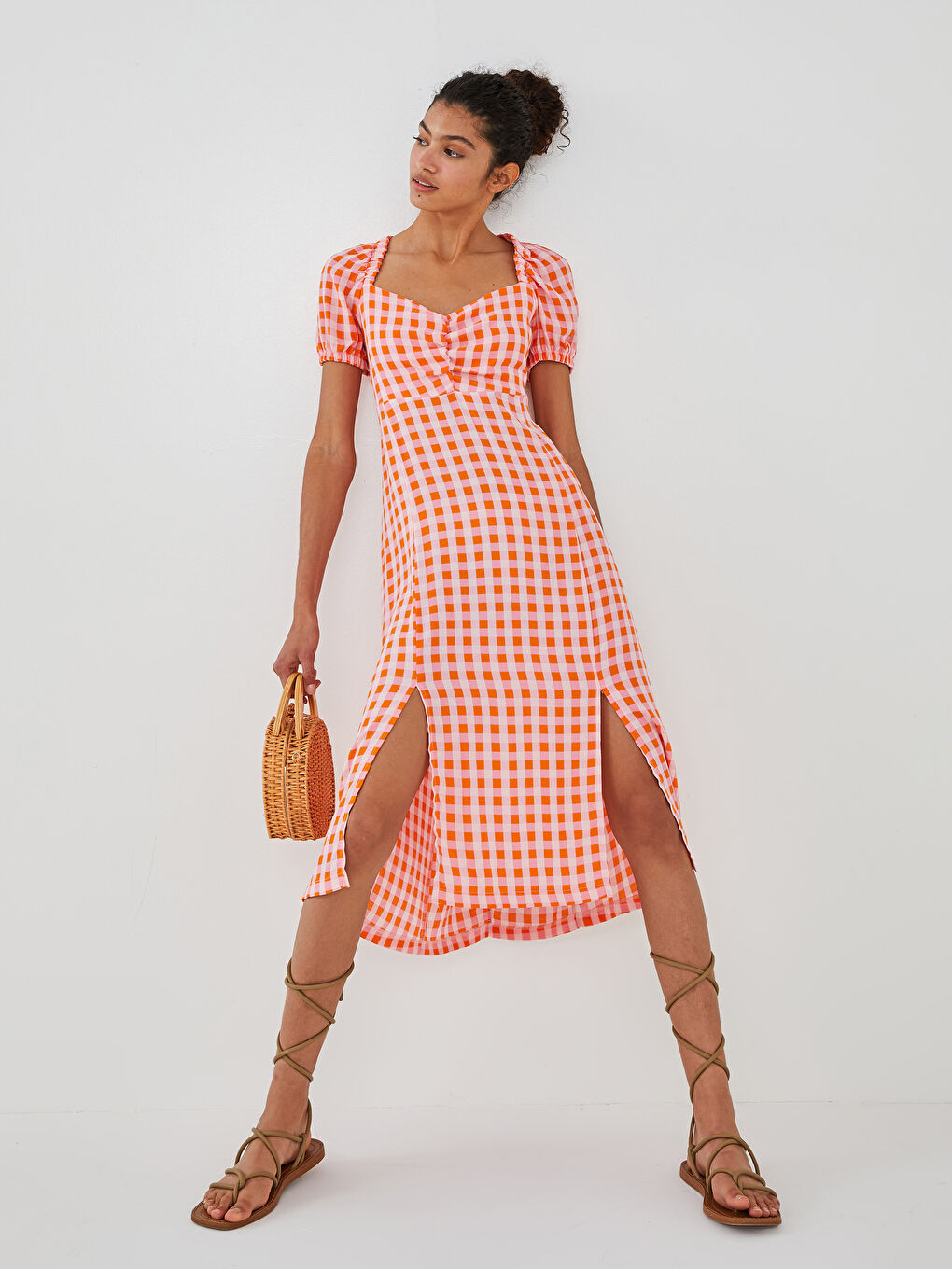 Heart Collar Plaid Short Sleeve A-Line Leatherette Fabric Women's Dress-2