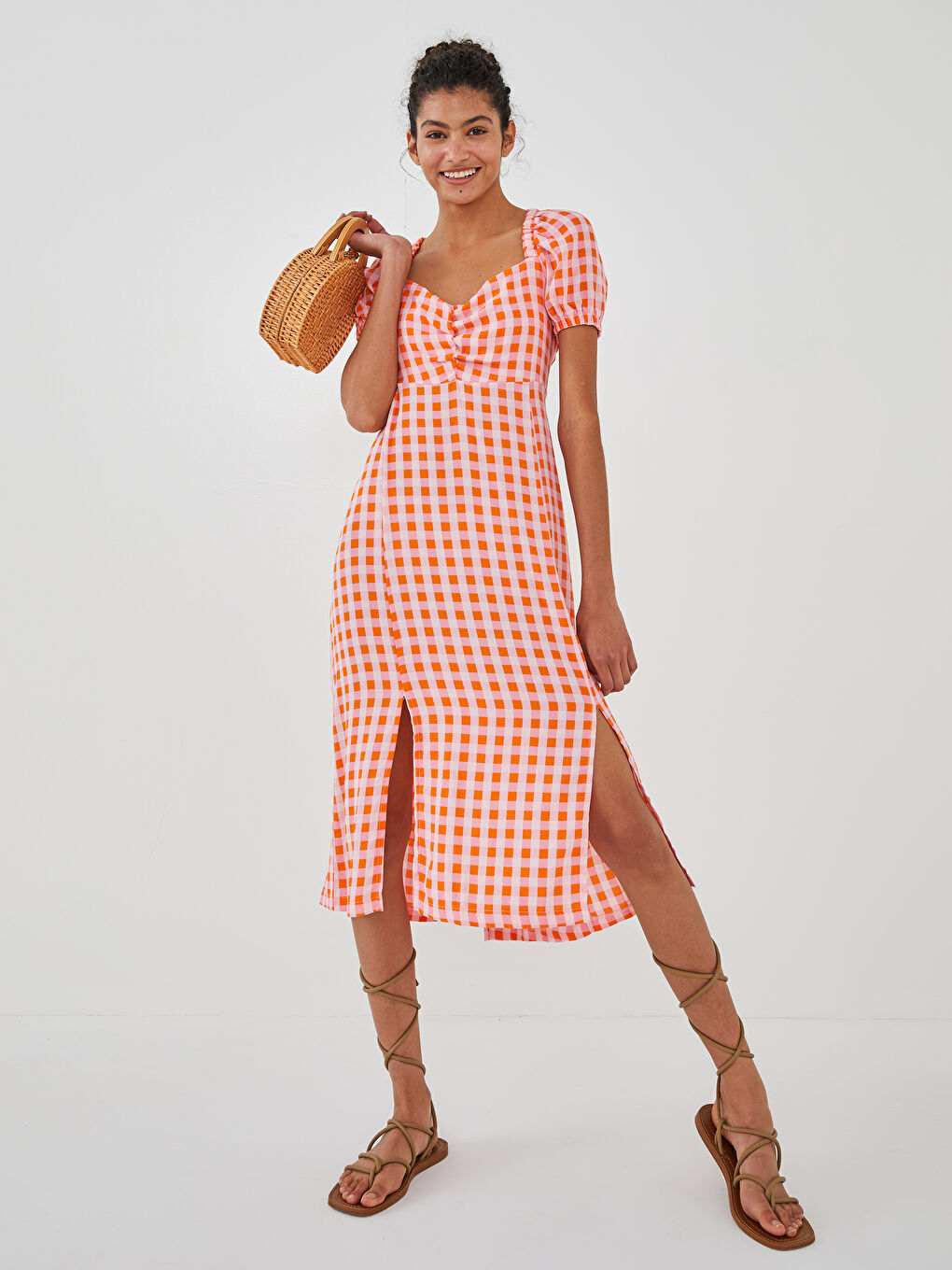 Heart Collar Plaid Short Sleeve A-Line Leatherette Fabric Women's Dress-3