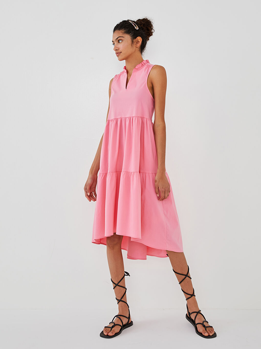 Frilly Collar Straight Sleeveless A-Line Poplin Fabric Women's Dress-2