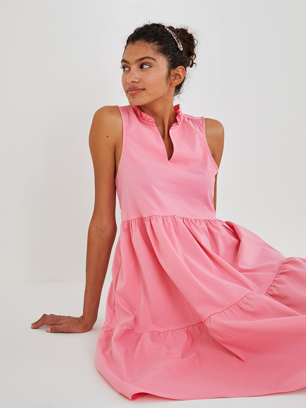 Frilly Collar Straight Sleeveless A-Line Poplin Fabric Women's Dress-3