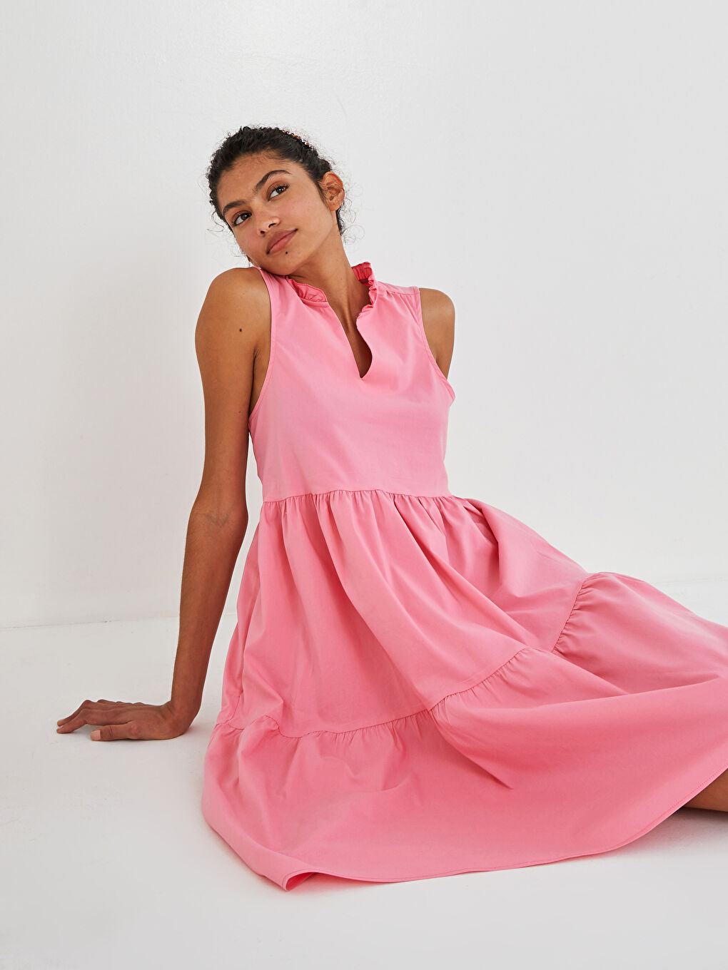 Frilly Collar Straight Sleeveless A-Line Poplin Fabric Women's Dress-1