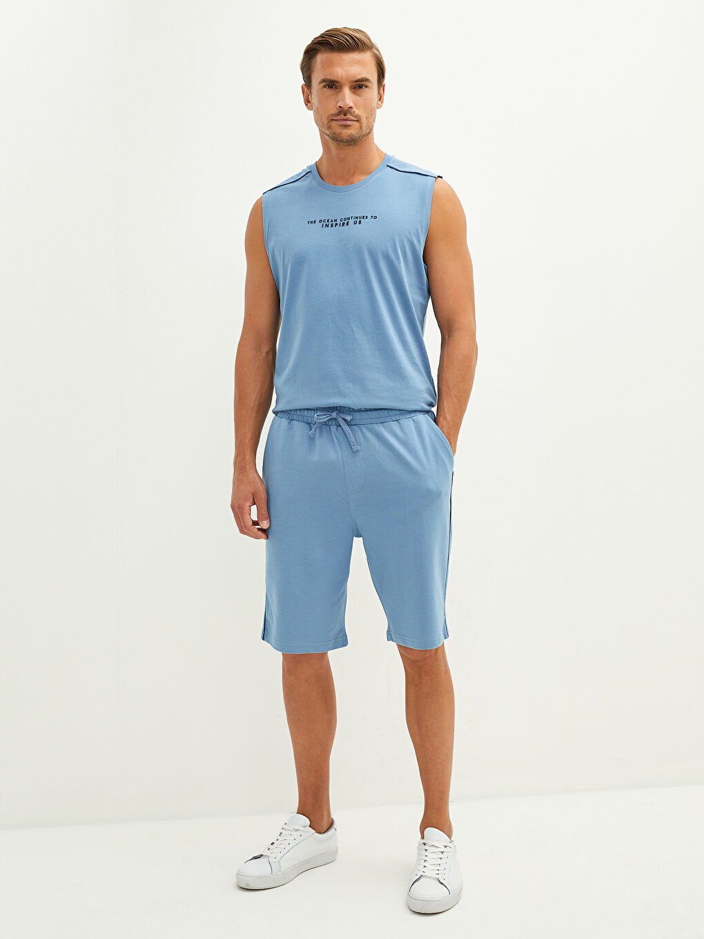 Mavi Standart Kalıp Erkek Bermuda Şort-5