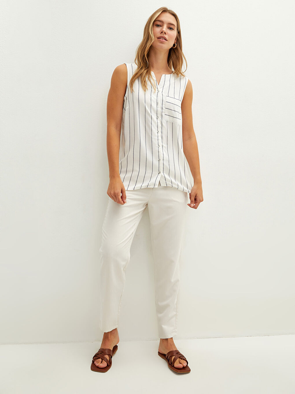 Crew Neck Striped Sleeveless Viscose Women's Shirt-3