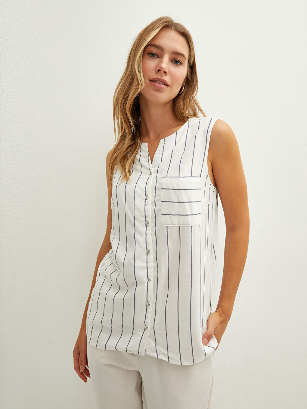 Crew Neck Striped Sleeveless Viscose Women's Shirt-1