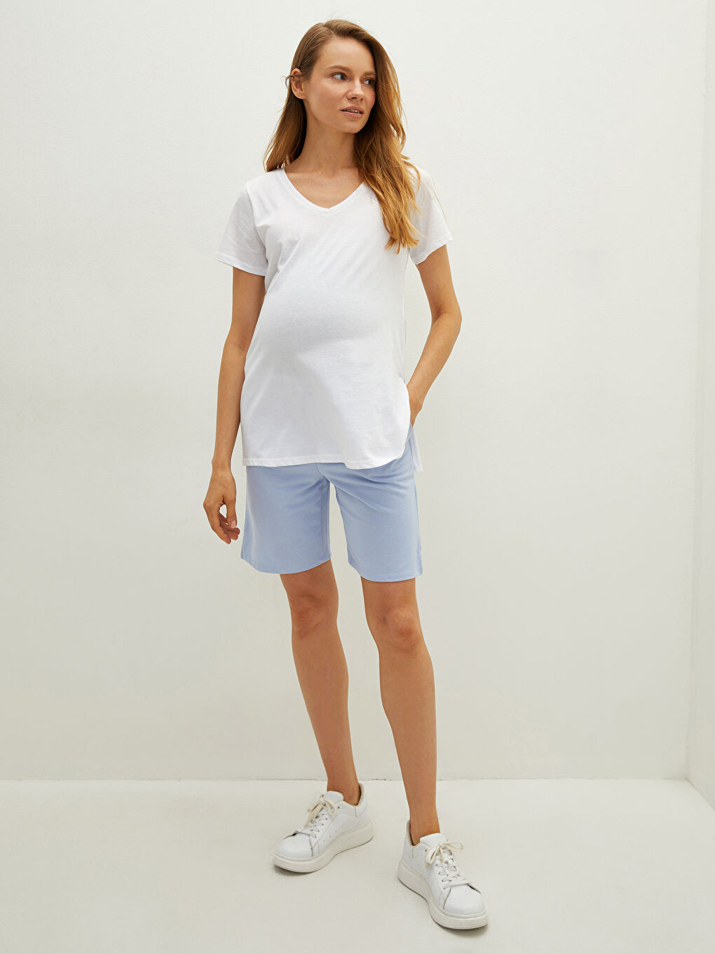 Pantaloni Scurți de Maternitate cu Talie Elastică, Drepti și cu Buzunare-2