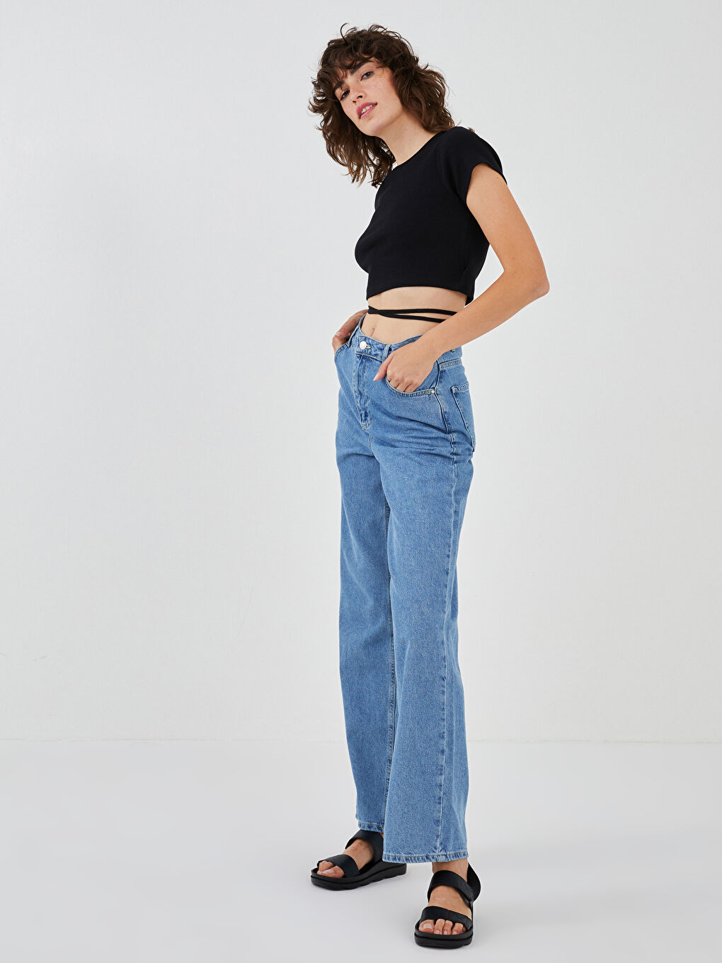Crew Neck Tie Detailed Crop Camisole Fabric Women's Blouse-2