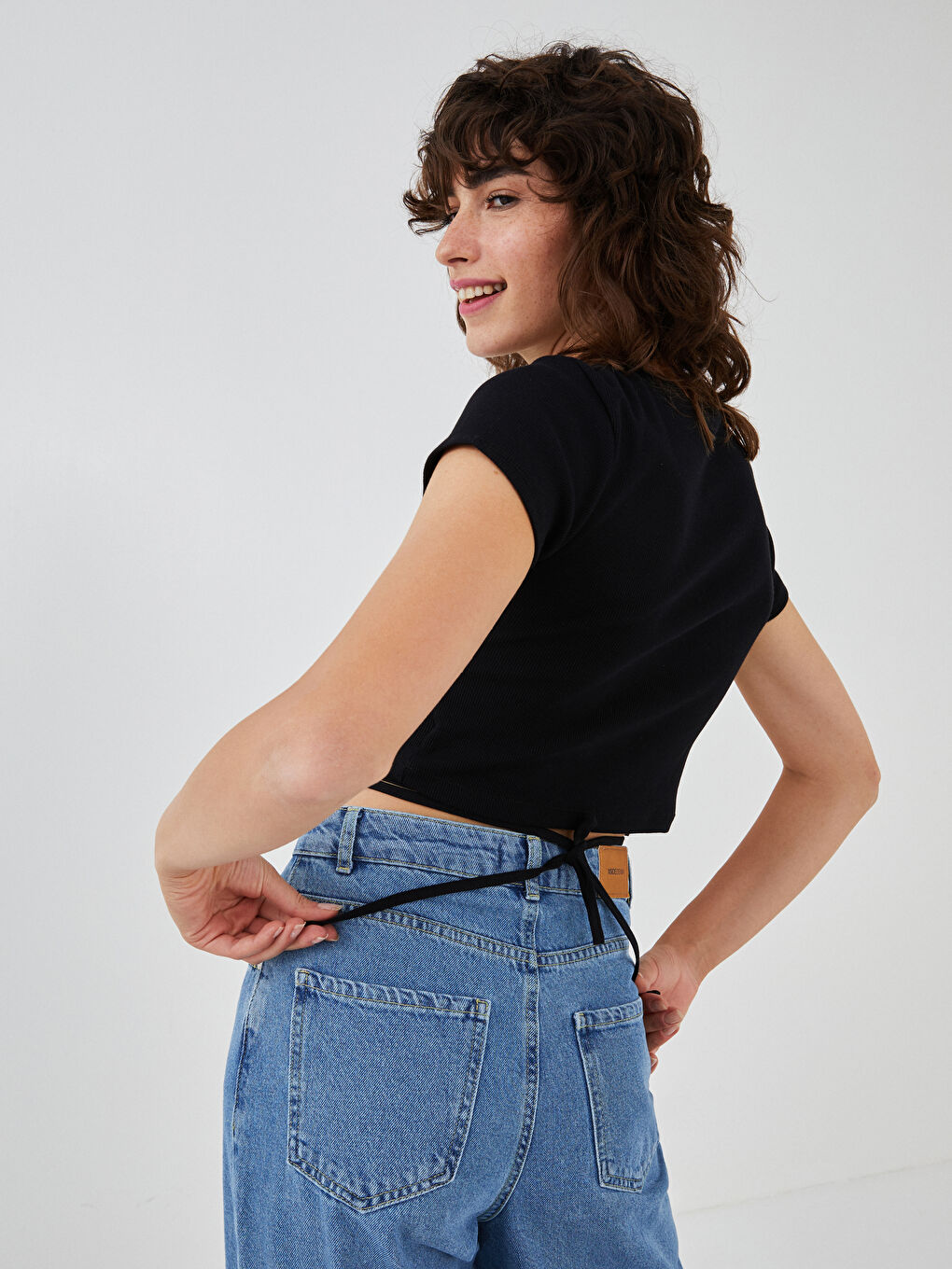 Crew Neck Tie Detailed Crop Camisole Fabric Women's Blouse-4