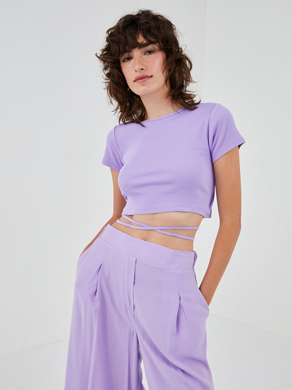 Crew Neck Tie Detailed Crop Camisole Fabric Women's Blouse-2