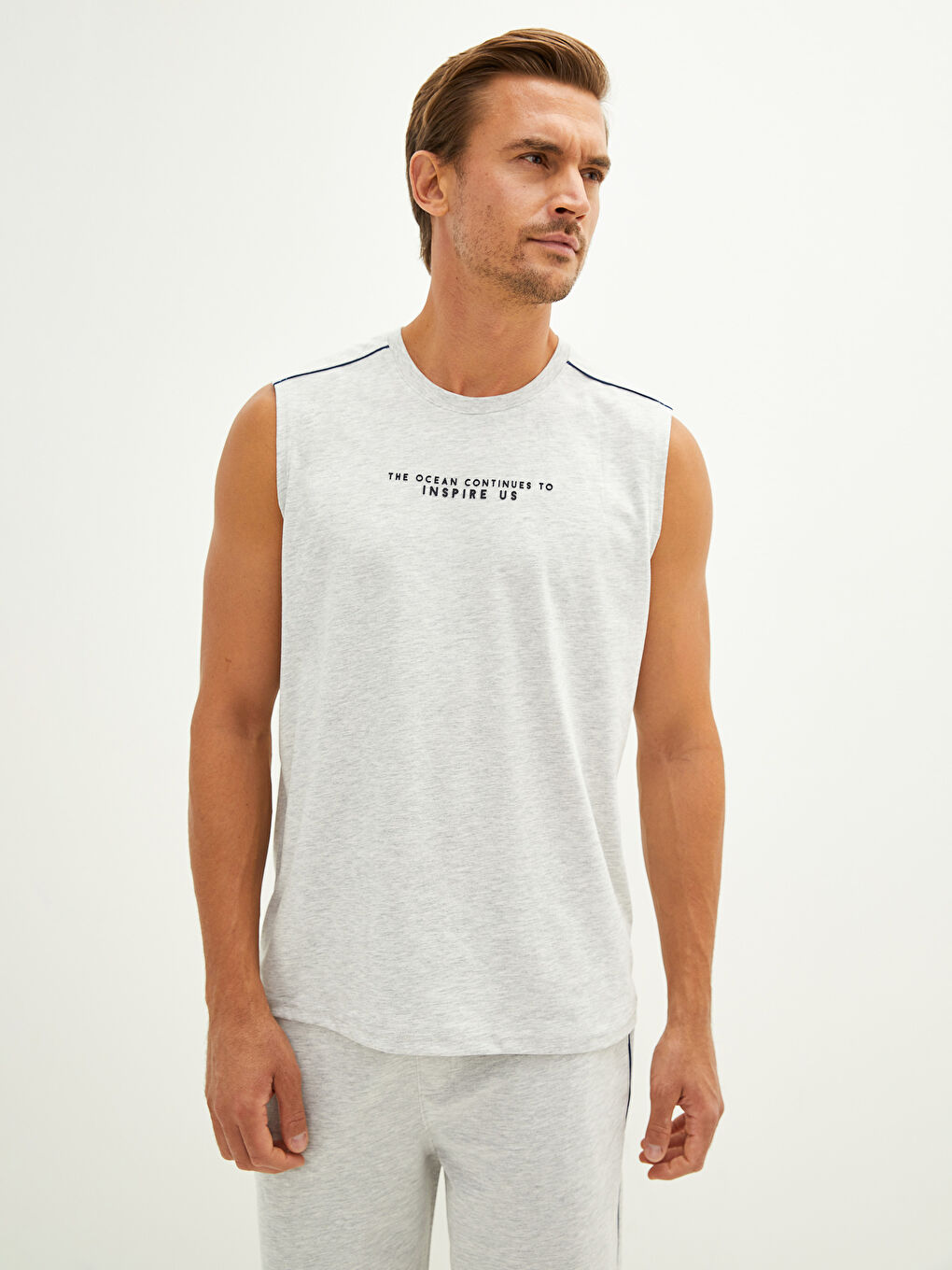 Bej Bisiklet Yaka Baskılı Erkek Kolsuz Tişört-2