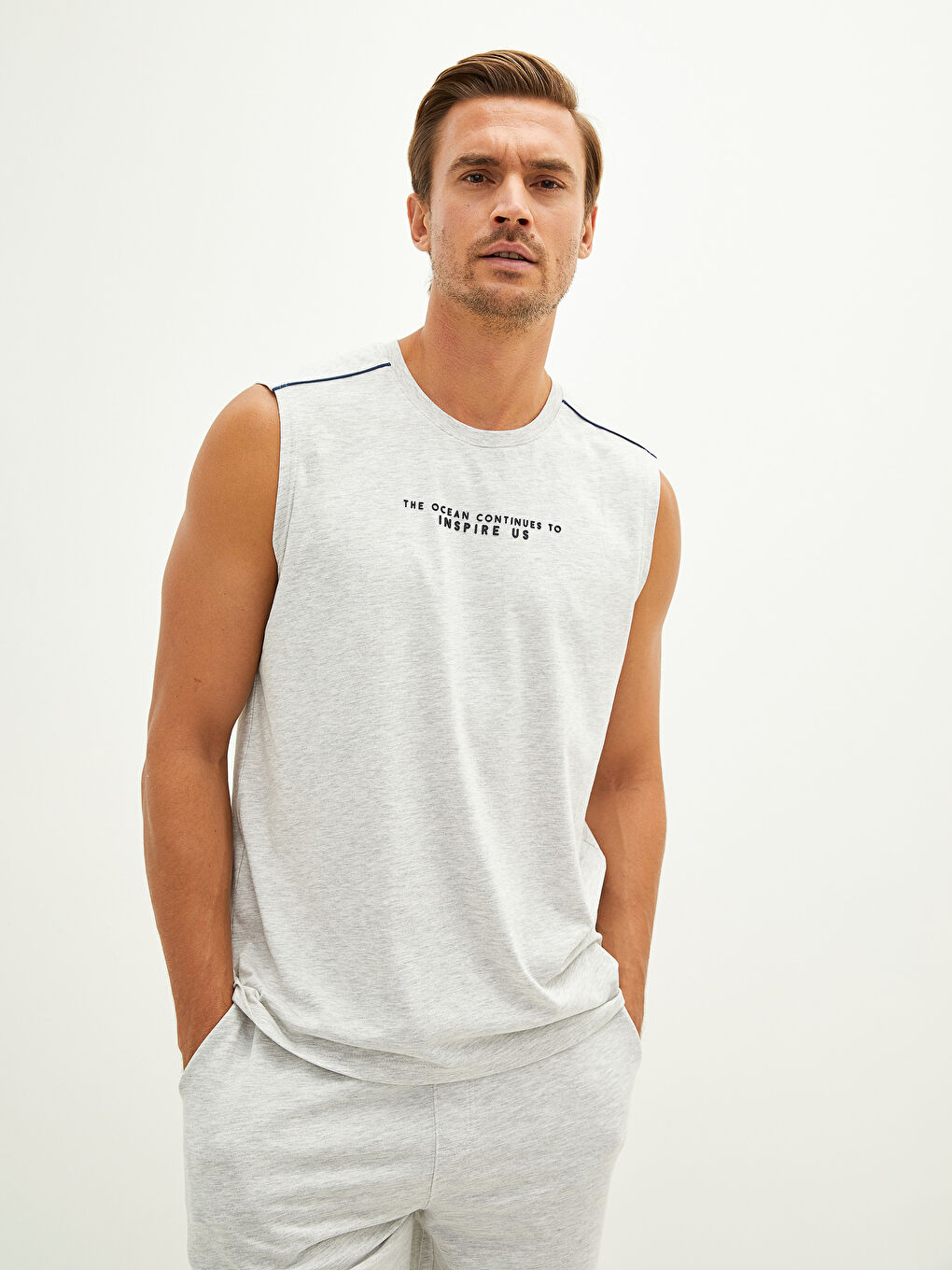 Bej Bisiklet Yaka Baskılı Erkek Kolsuz Tişört-3