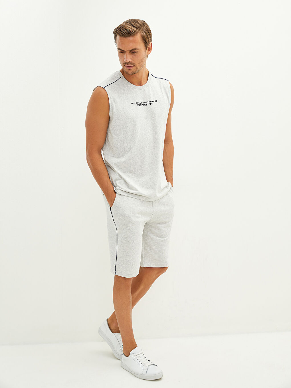 Bej Bisiklet Yaka Baskılı Erkek Kolsuz Tişört-5