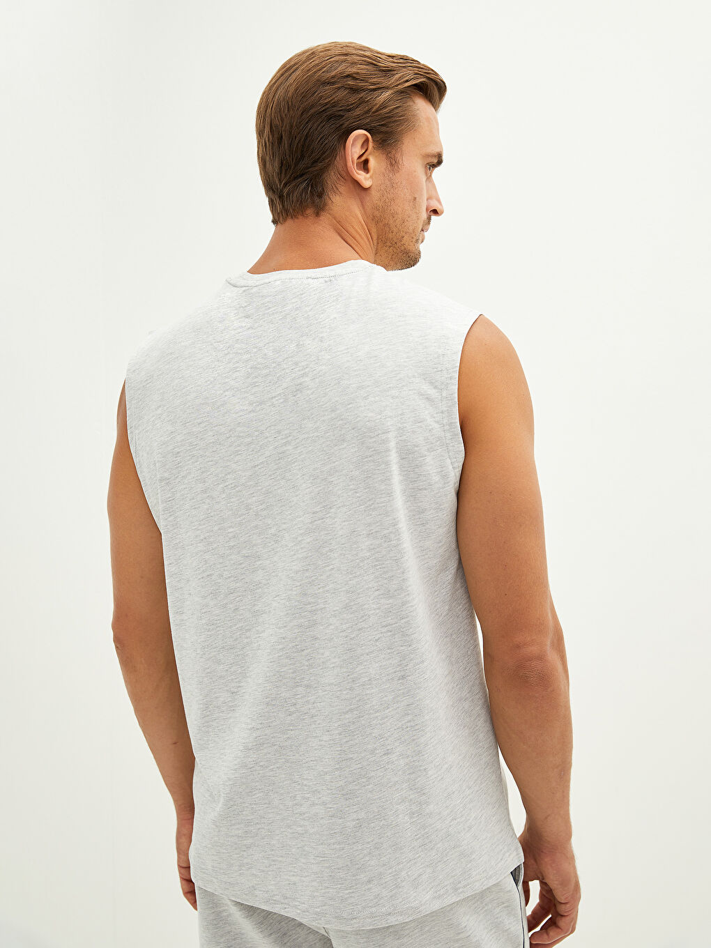 Bej Bisiklet Yaka Baskılı Erkek Kolsuz Tişört-6