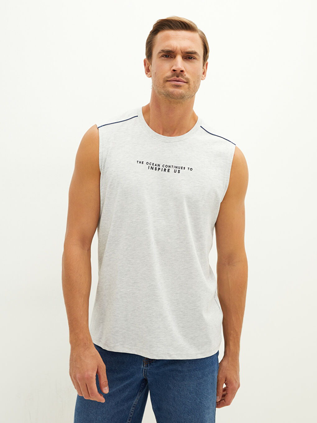 Bej Bisiklet Yaka Baskılı Erkek Kolsuz Tişört