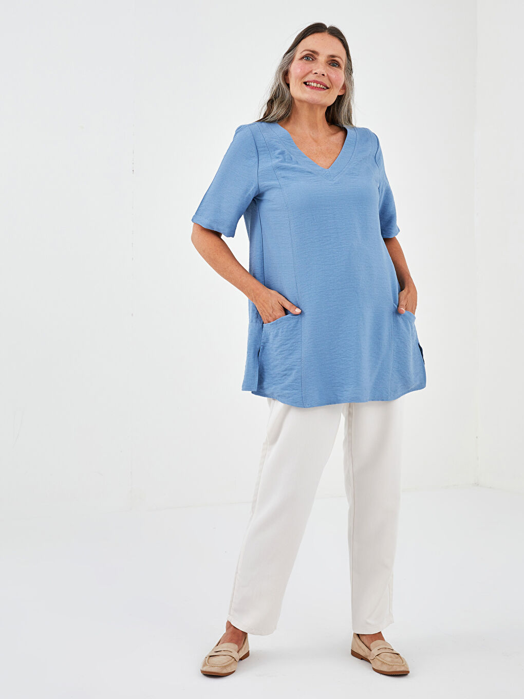 V-Neck Plain Short Sleeve Women's Tunic -S1KO76Z8-HFS