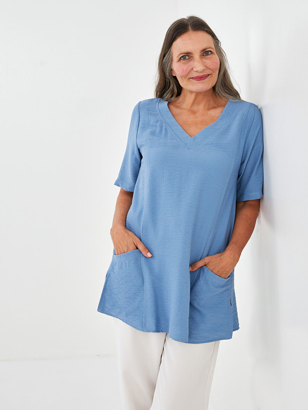 V-Neck Plain Short Sleeve Women's Tunic -S1KO76Z8-HFS