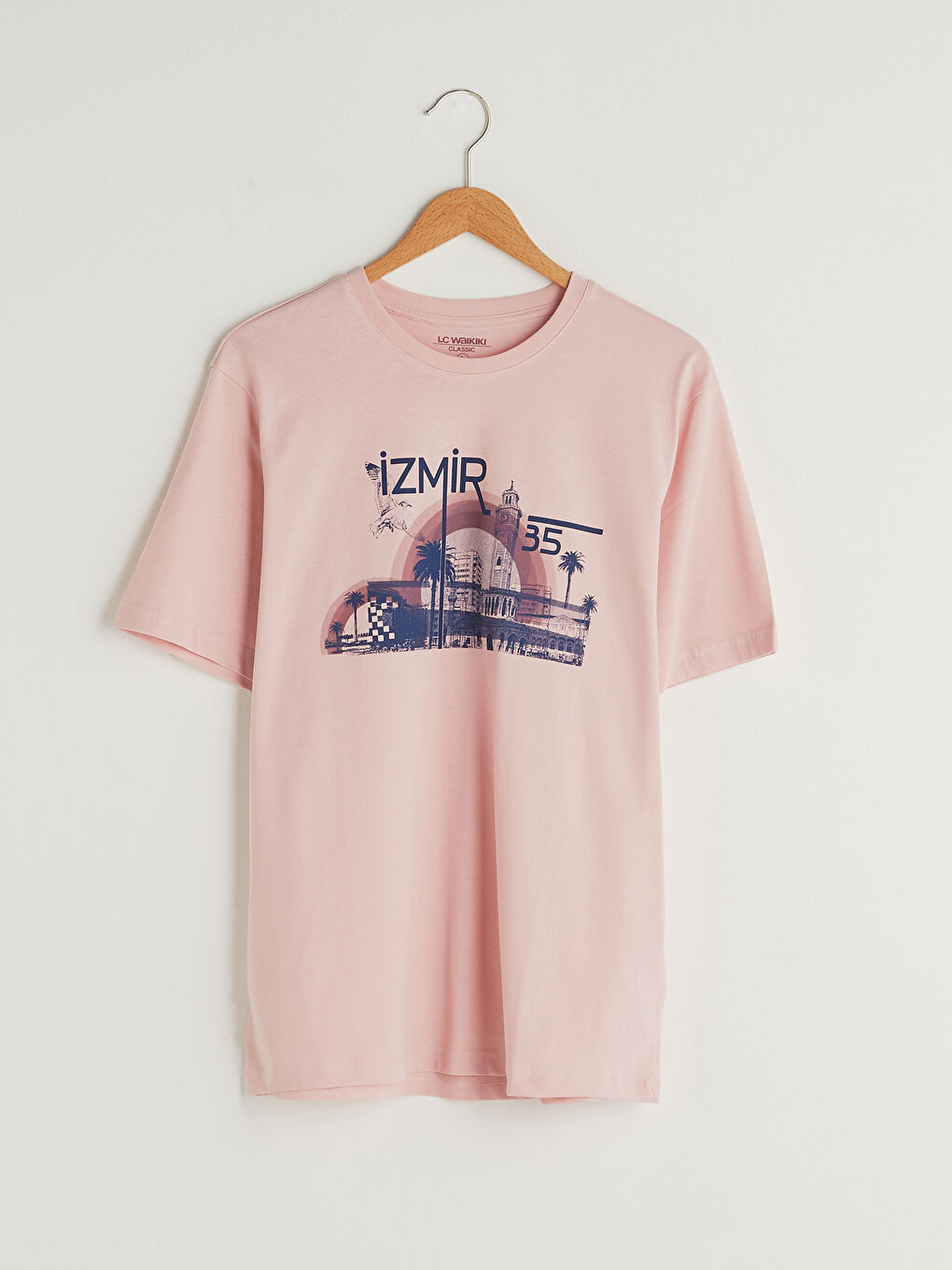 Pembe Bisiklet Yaka Kısa Kollu İzmir Baskılı Penye Erkek Tişört-5