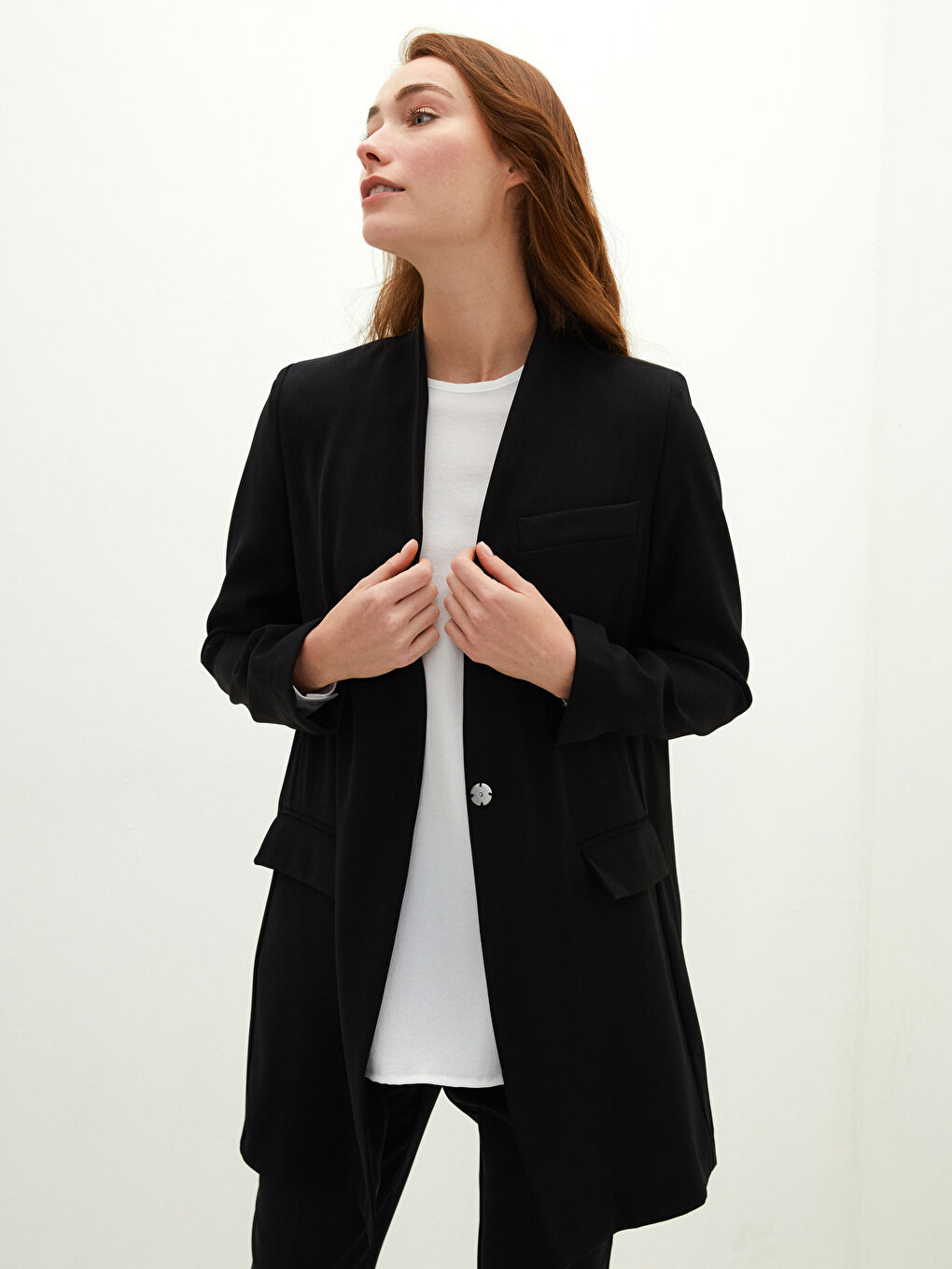 PREMIUM Long Sleeved Women's Jacket With One Button Pocket Detail on BagGy Fit Front-1
