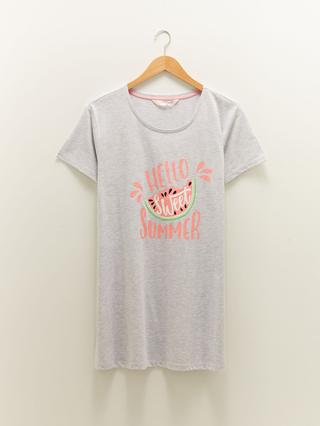 Gri Bisiklet Yaka Baskılı Kısa Kollu Kadın Gecelik-10